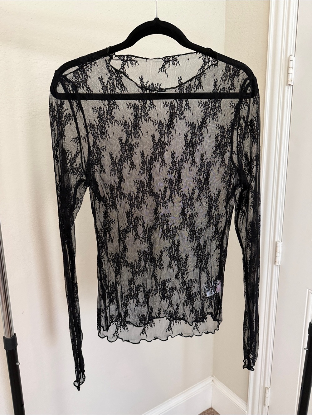 Pink Lily Black Sheer Lace Long Sleeve Top, size L